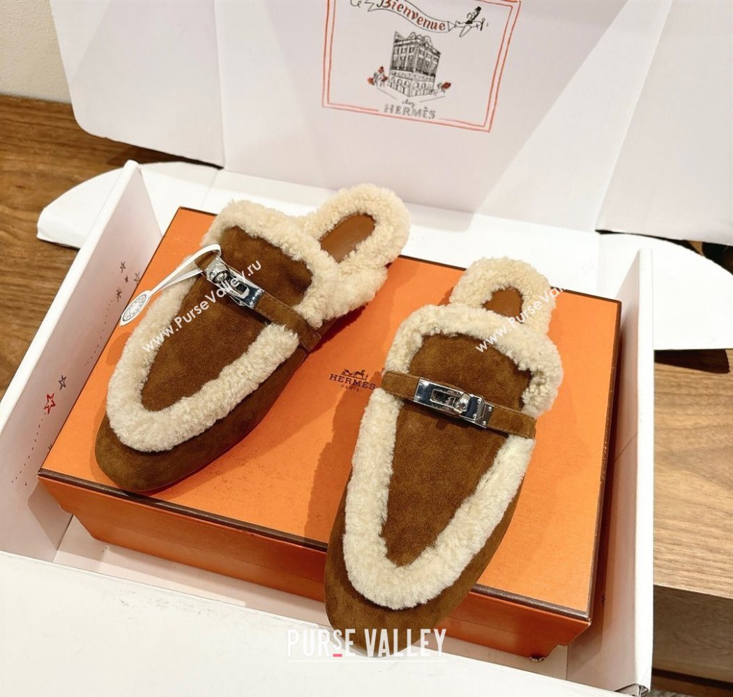 Hermes Oz Flat Loafers in Suede and Shearling with Kelly Buckle Dark Brown 2025 1023 (XC-251023011)