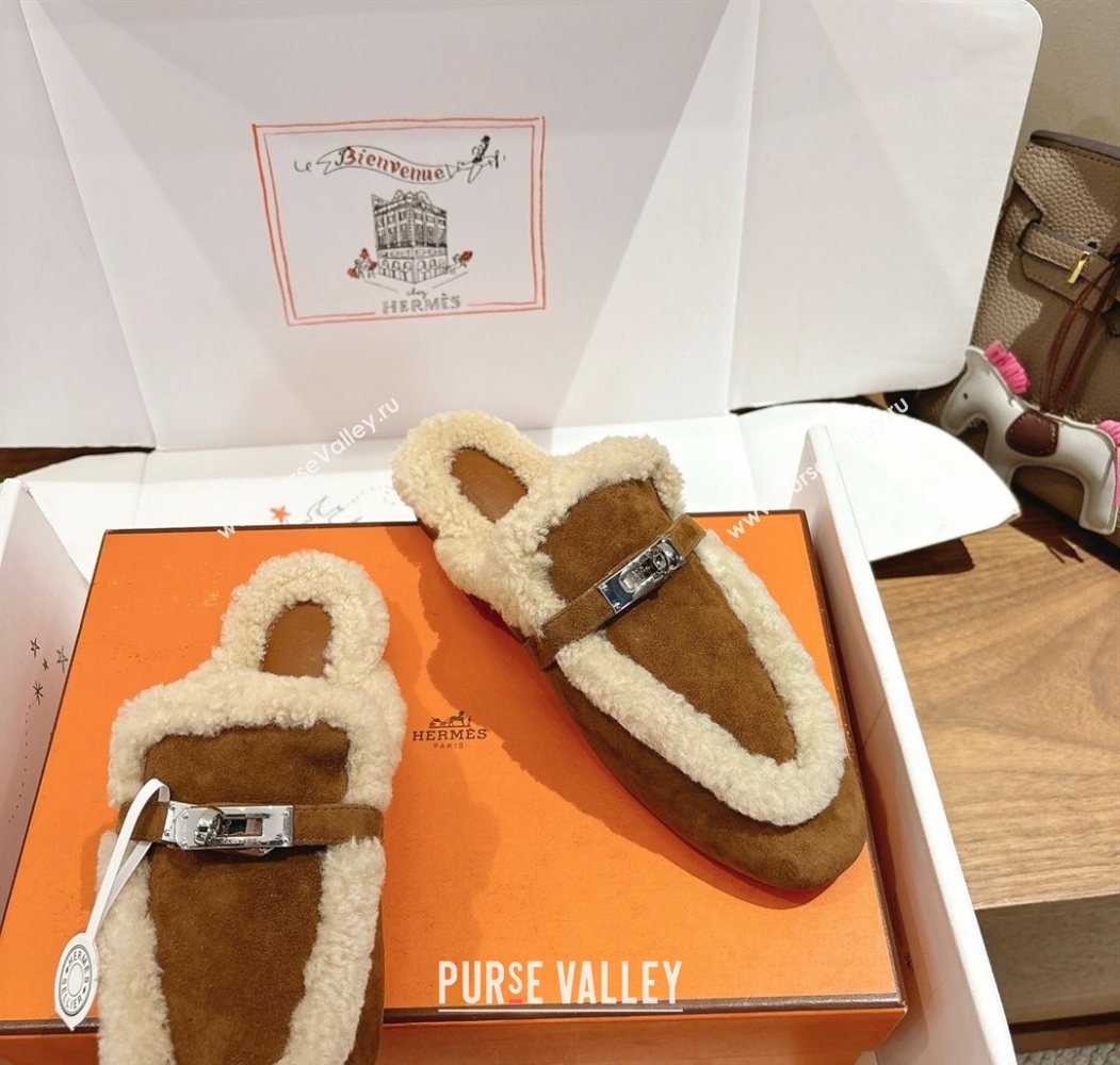 Hermes Oz Flat Loafers in Suede and Shearling with Kelly Buckle Dark Brown 2025 1023 (XC-251023011)