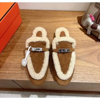 Hermes Oz Flat Loafers in Suede and Shearling with Kelly Buckle Dark Brown 2025 1023 (XC-251023011)