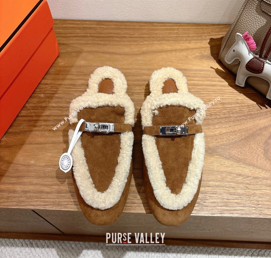 Hermes Oz Flat Loafers in Suede and Shearling with Kelly Buckle Dark Brown 2025 1023 (XC-251023011)