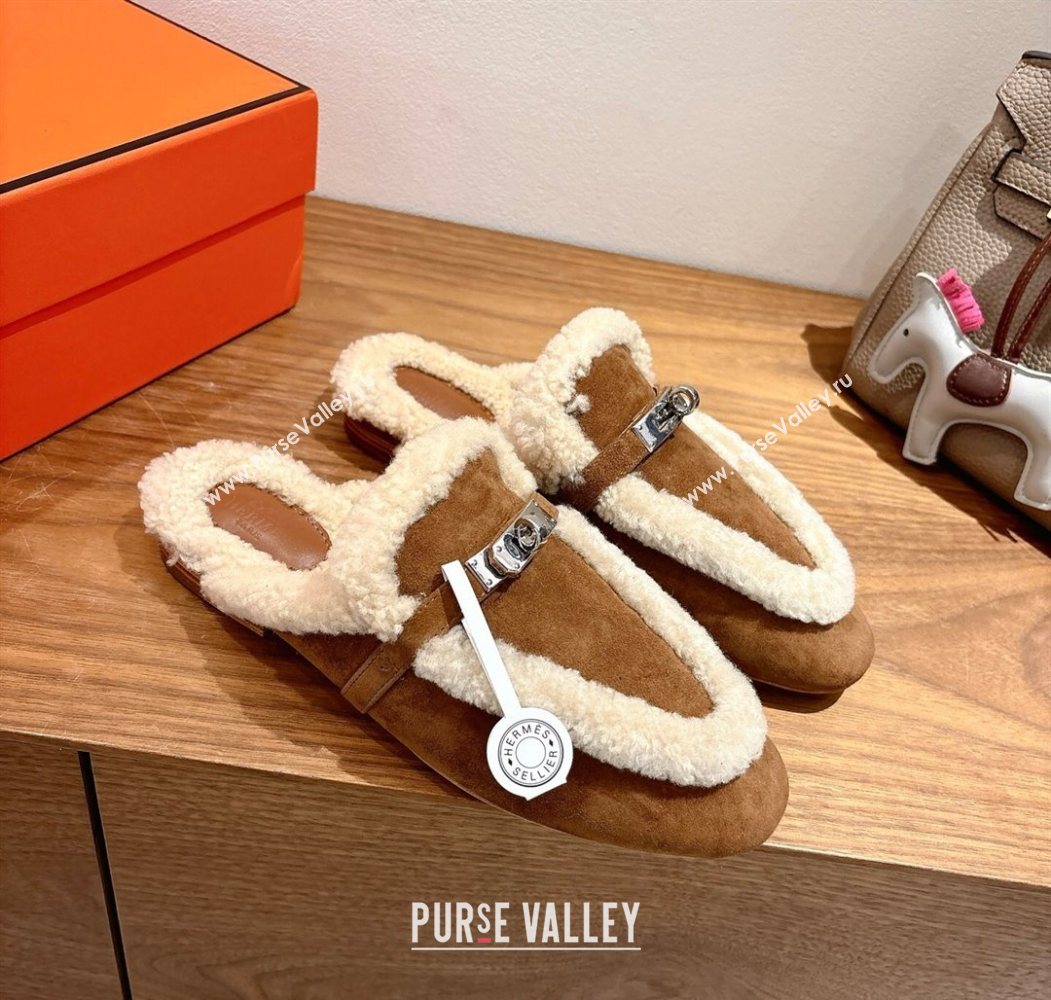 Hermes Oz Flat Loafers in Suede and Shearling with Kelly Buckle Dark Brown 2025 1023 (XC-251023011)