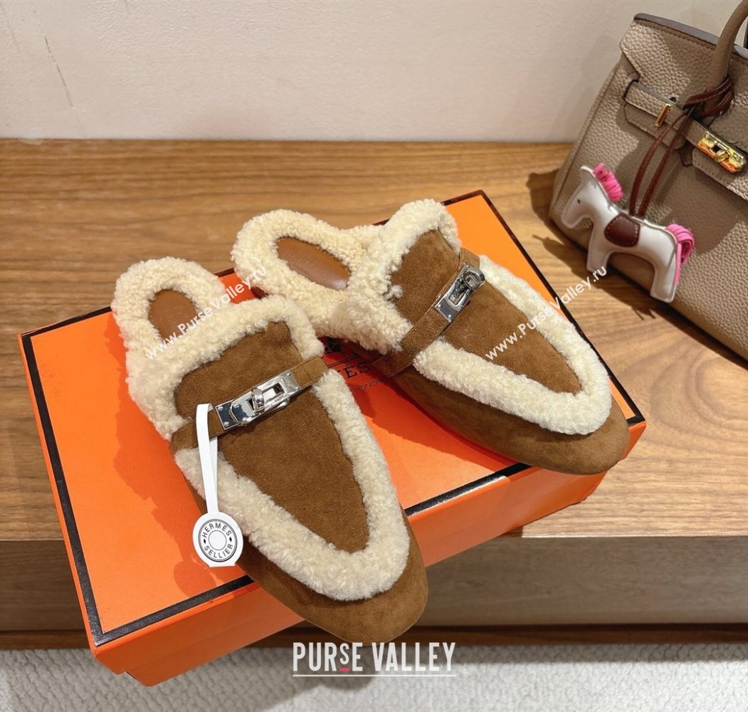 Hermes Oz Flat Loafers in Suede and Shearling with Kelly Buckle Dark Brown 2025 1023 (XC-251023011)