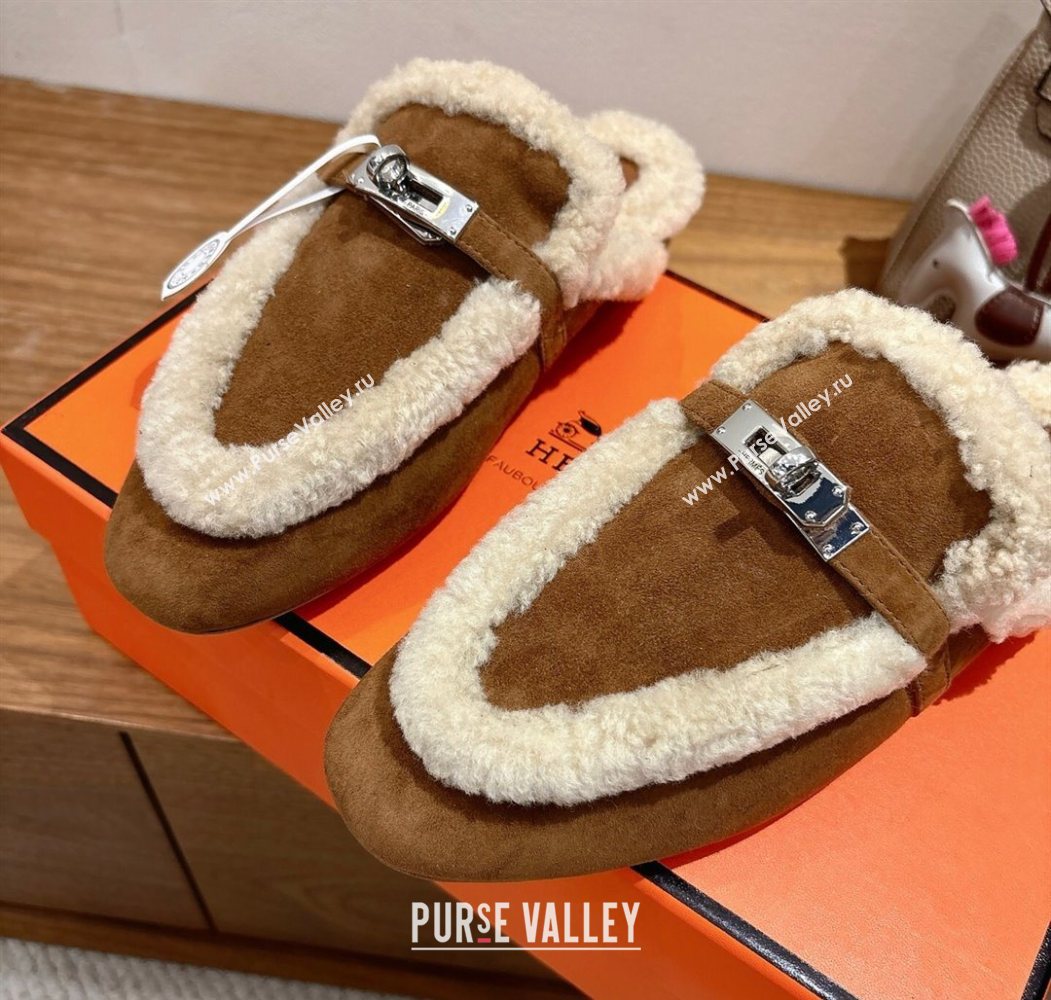 Hermes Oz Flat Loafers in Suede and Shearling with Kelly Buckle Dark Brown 2025 1023 (XC-251023011)