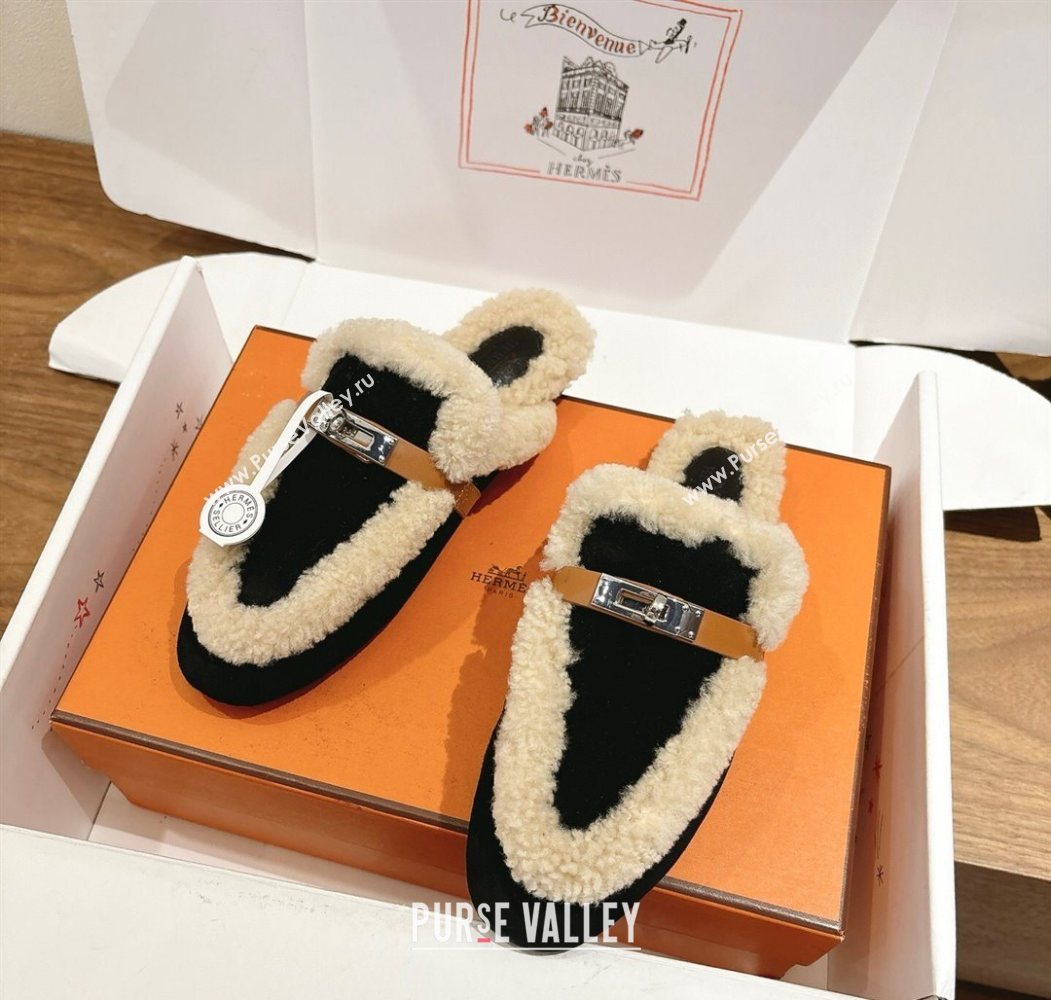Hermes Oz Flat Loafers in Suede and Shearling with Kelly Buckle Black 2025 1023 (XC-251023012)