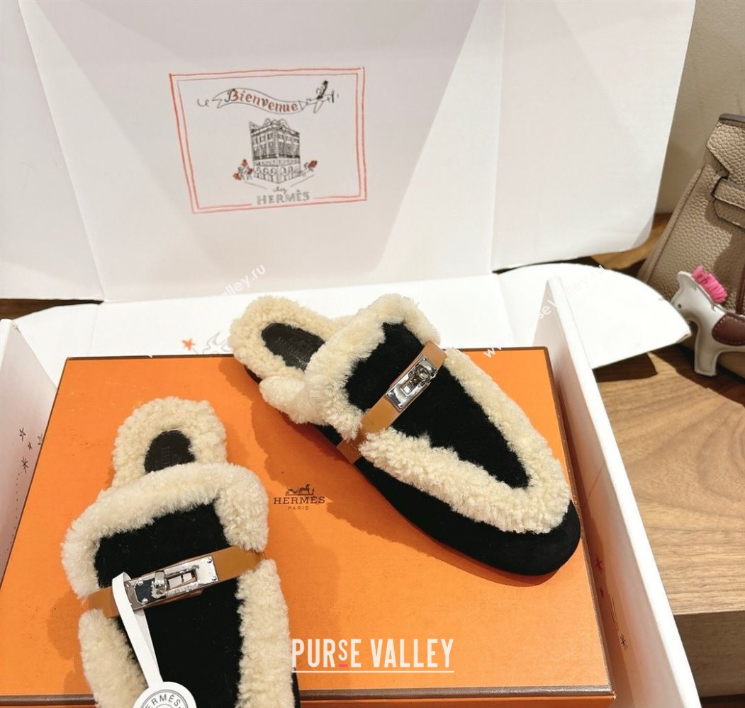 Hermes Oz Flat Loafers in Suede and Shearling with Kelly Buckle Black 2025 1023 (XC-251023012)