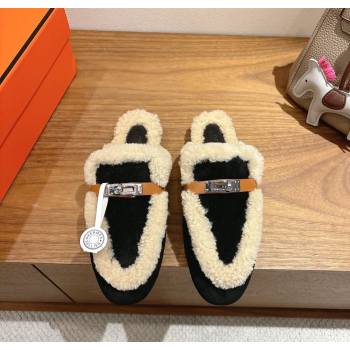 Hermes Oz Flat Loafers in Suede and Shearling with Kelly Buckle Black 2025 1023 (XC-251023012)