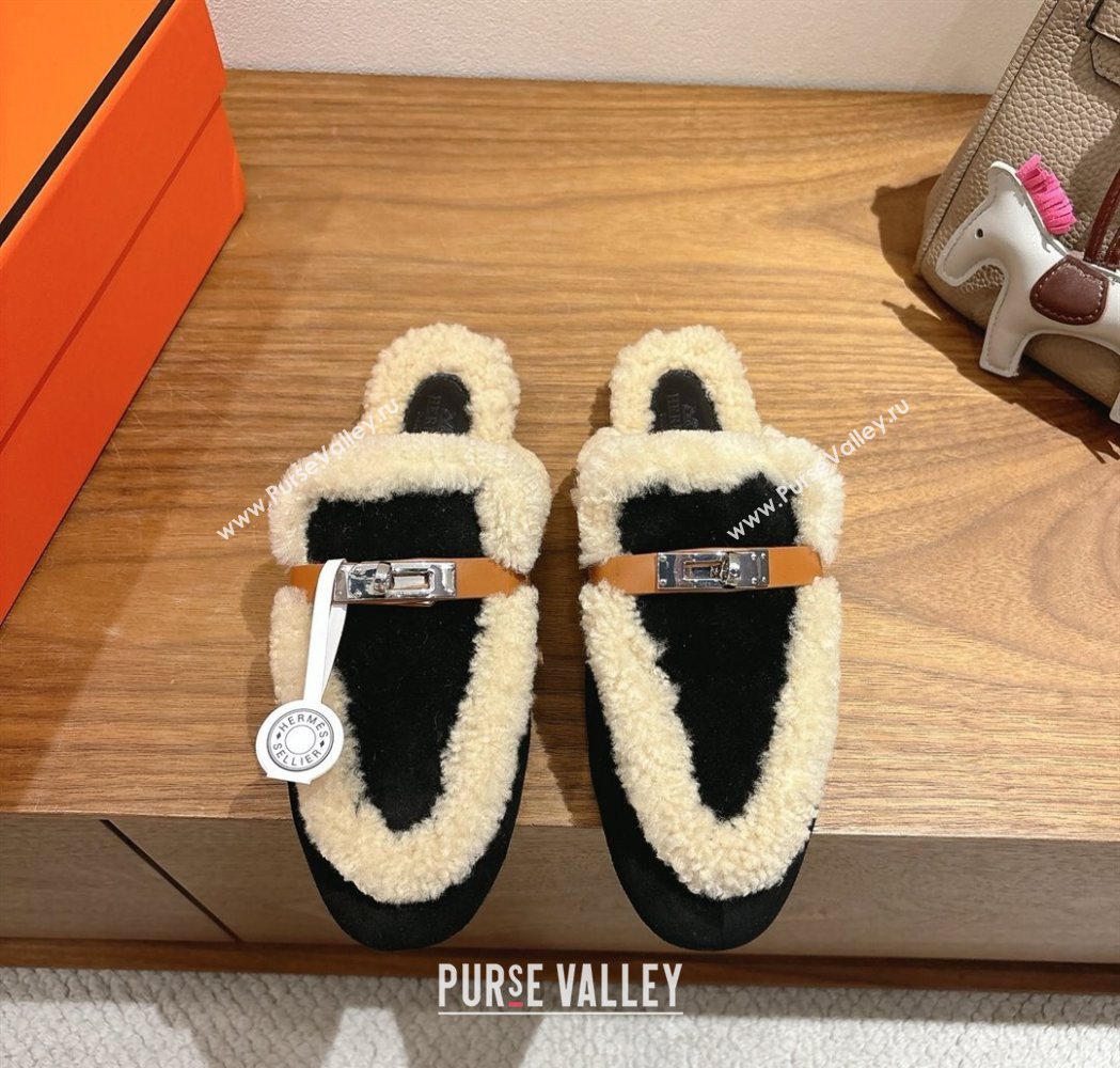 Hermes Oz Flat Loafers in Suede and Shearling with Kelly Buckle Black 2025 1023 (XC-251023012)