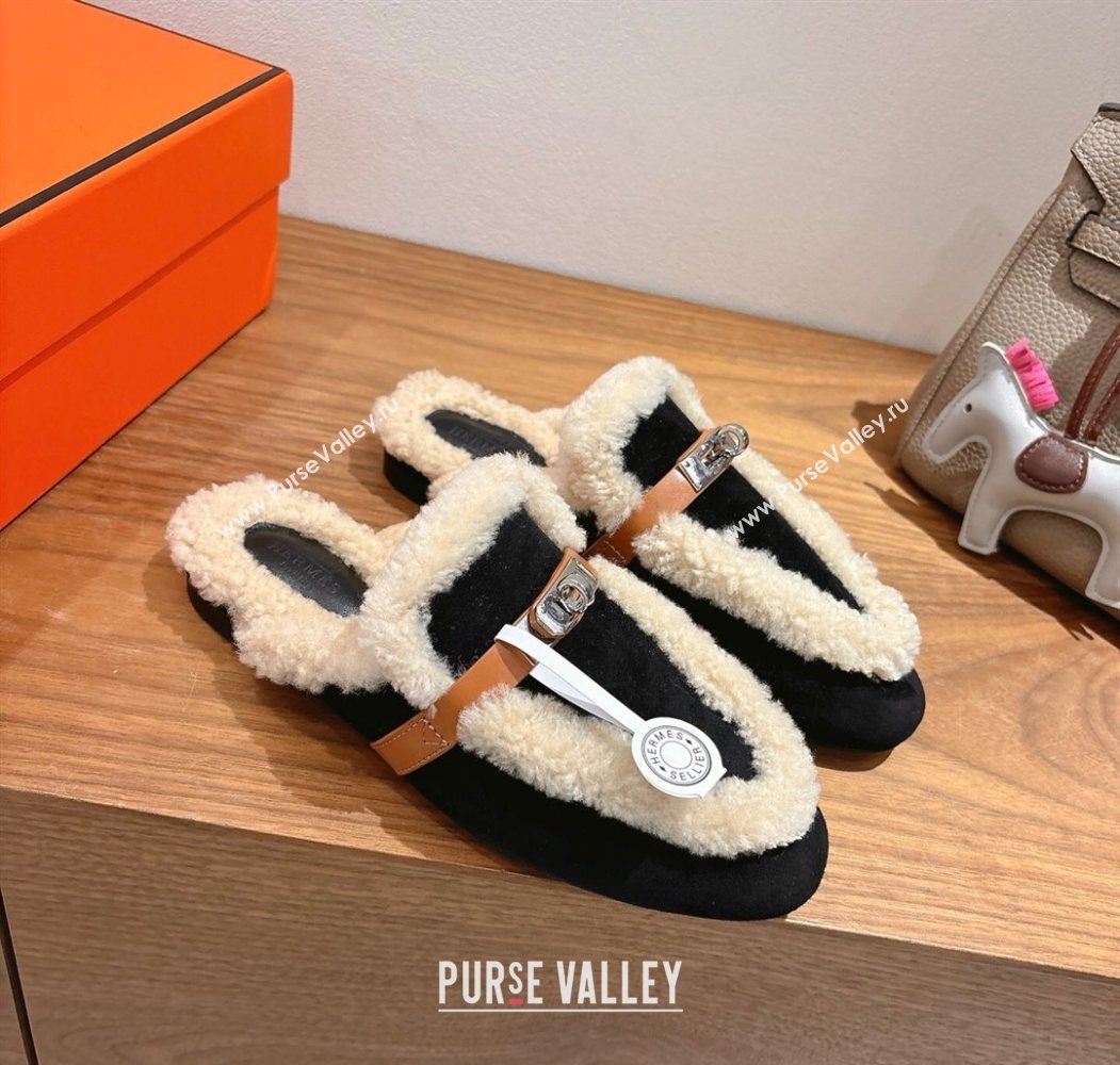 Hermes Oz Flat Loafers in Suede and Shearling with Kelly Buckle Black 2025 1023 (XC-251023012)