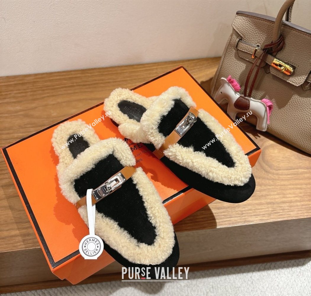 Hermes Oz Flat Loafers in Suede and Shearling with Kelly Buckle Black 2025 1023 (XC-251023012)