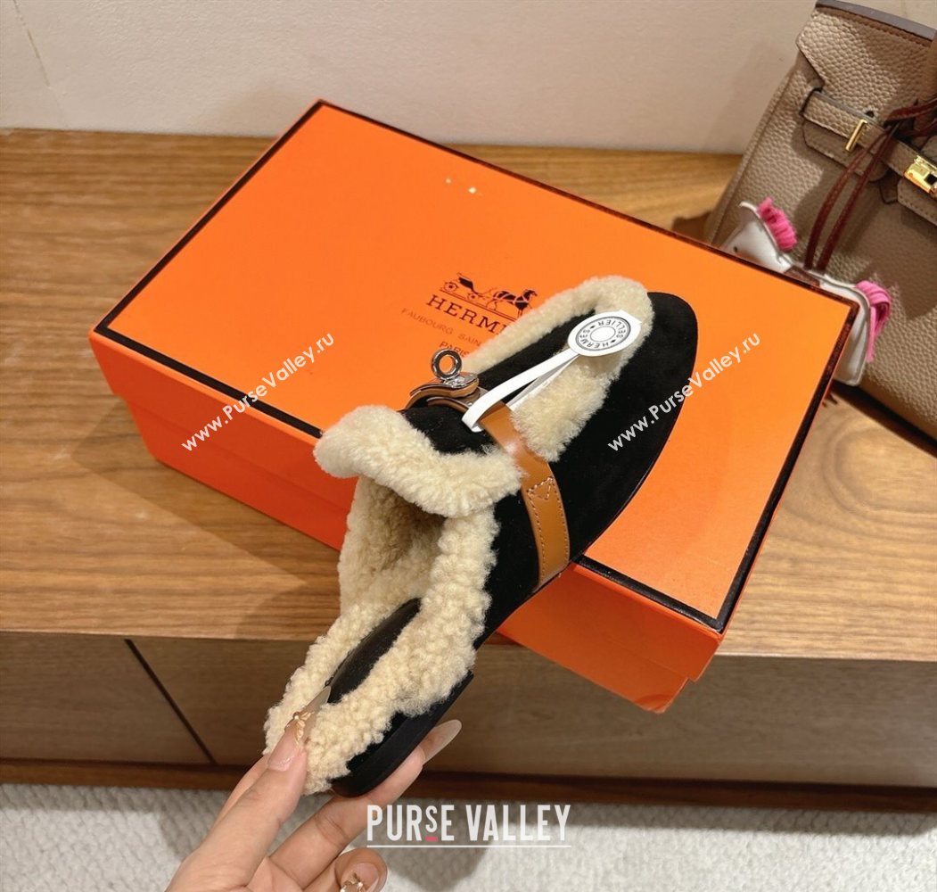 Hermes Oz Flat Loafers in Suede and Shearling with Kelly Buckle Black 2025 1023 (XC-251023012)