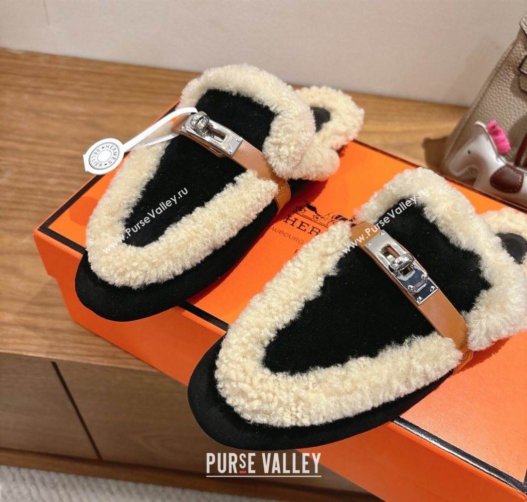 Hermes Oz Flat Loafers in Suede and Shearling with Kelly Buckle Black 2025 1023 (XC-251023012)