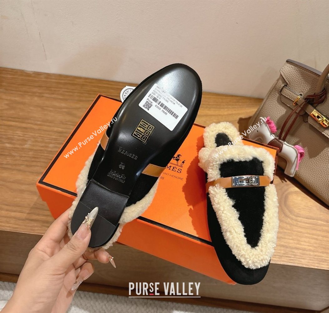 Hermes Oz Flat Loafers in Suede and Shearling with Kelly Buckle Black 2025 1023 (XC-251023012)