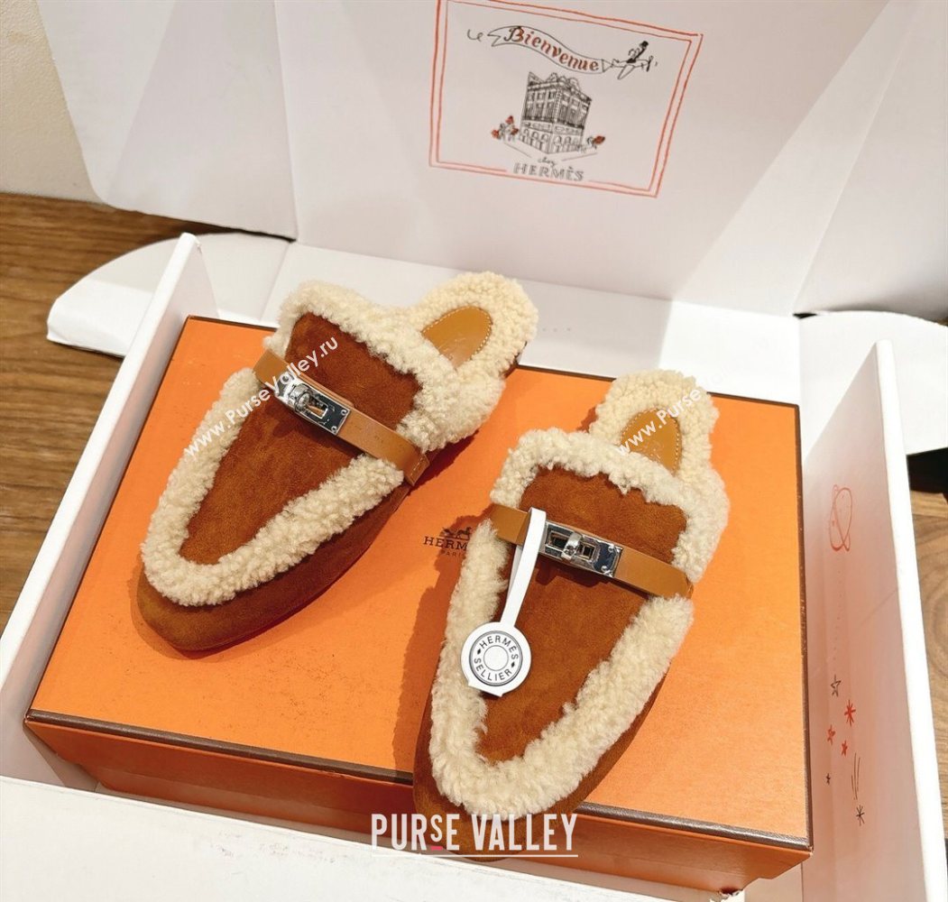 Hermes Oz Flat Loafers in Suede and Shearling with Kelly Buckle Camel Brown 2025 1023 (XC-251023013)
