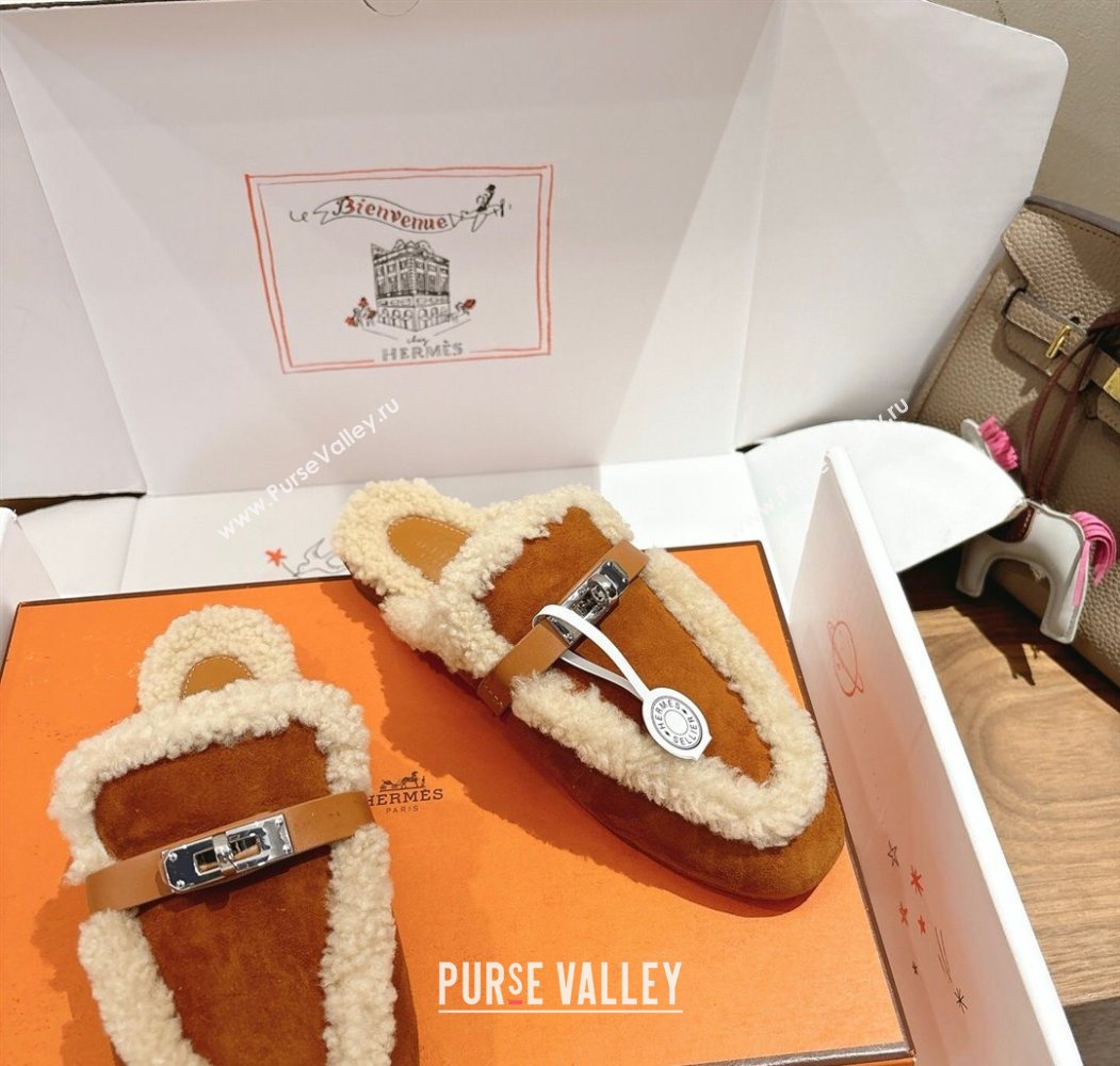 Hermes Oz Flat Loafers in Suede and Shearling with Kelly Buckle Camel Brown 2025 1023 (XC-251023013)