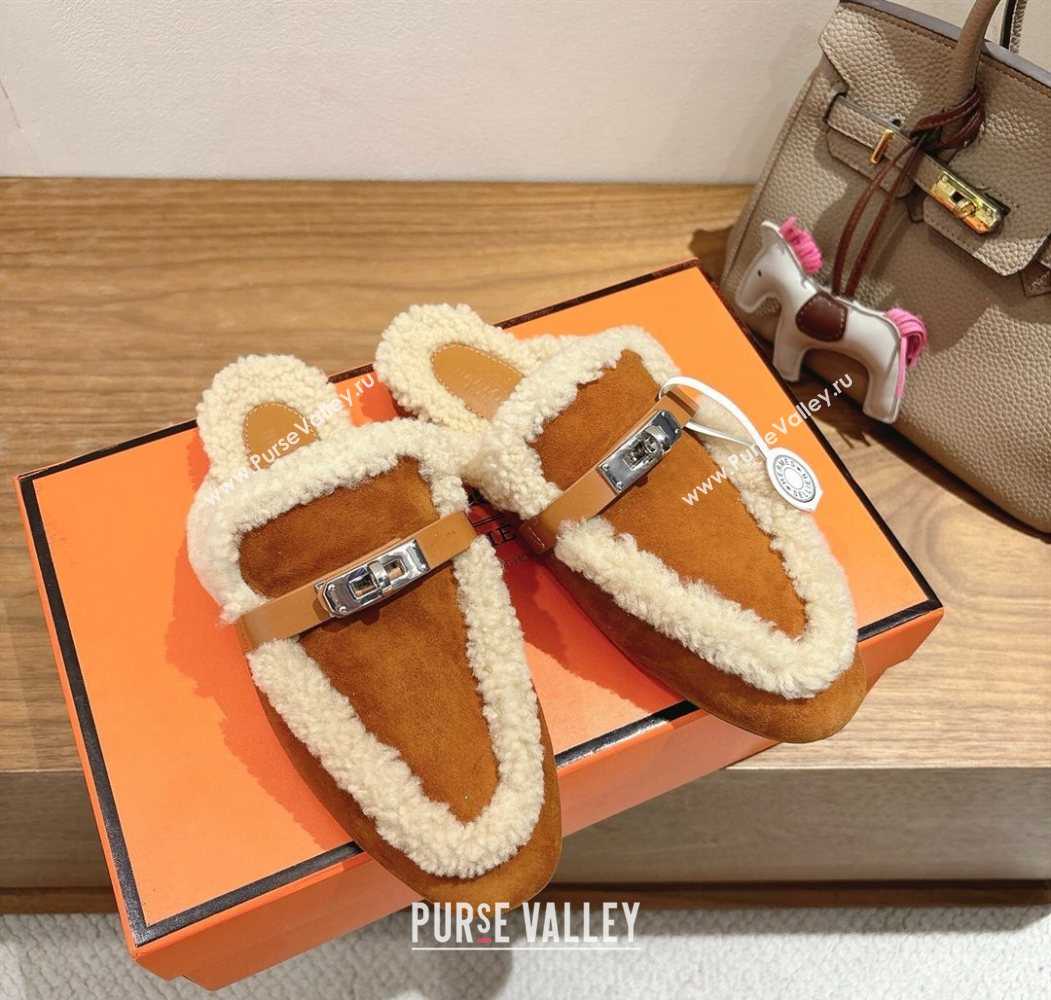Hermes Oz Flat Loafers in Suede and Shearling with Kelly Buckle Camel Brown 2025 1023 (XC-251023013)