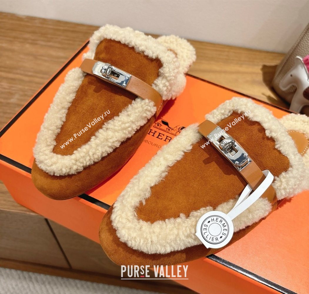 Hermes Oz Flat Loafers in Suede and Shearling with Kelly Buckle Camel Brown 2025 1023 (XC-251023013)