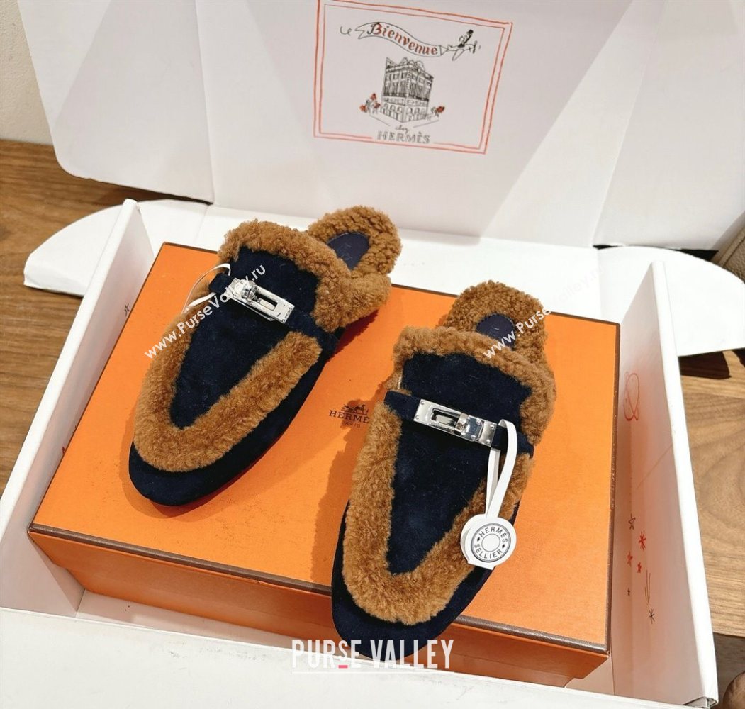 Hermes Oz Flat Loafers in Suede and Shearling with Kelly Buckle Black/Brown 2025 1023 (XC-251023014)