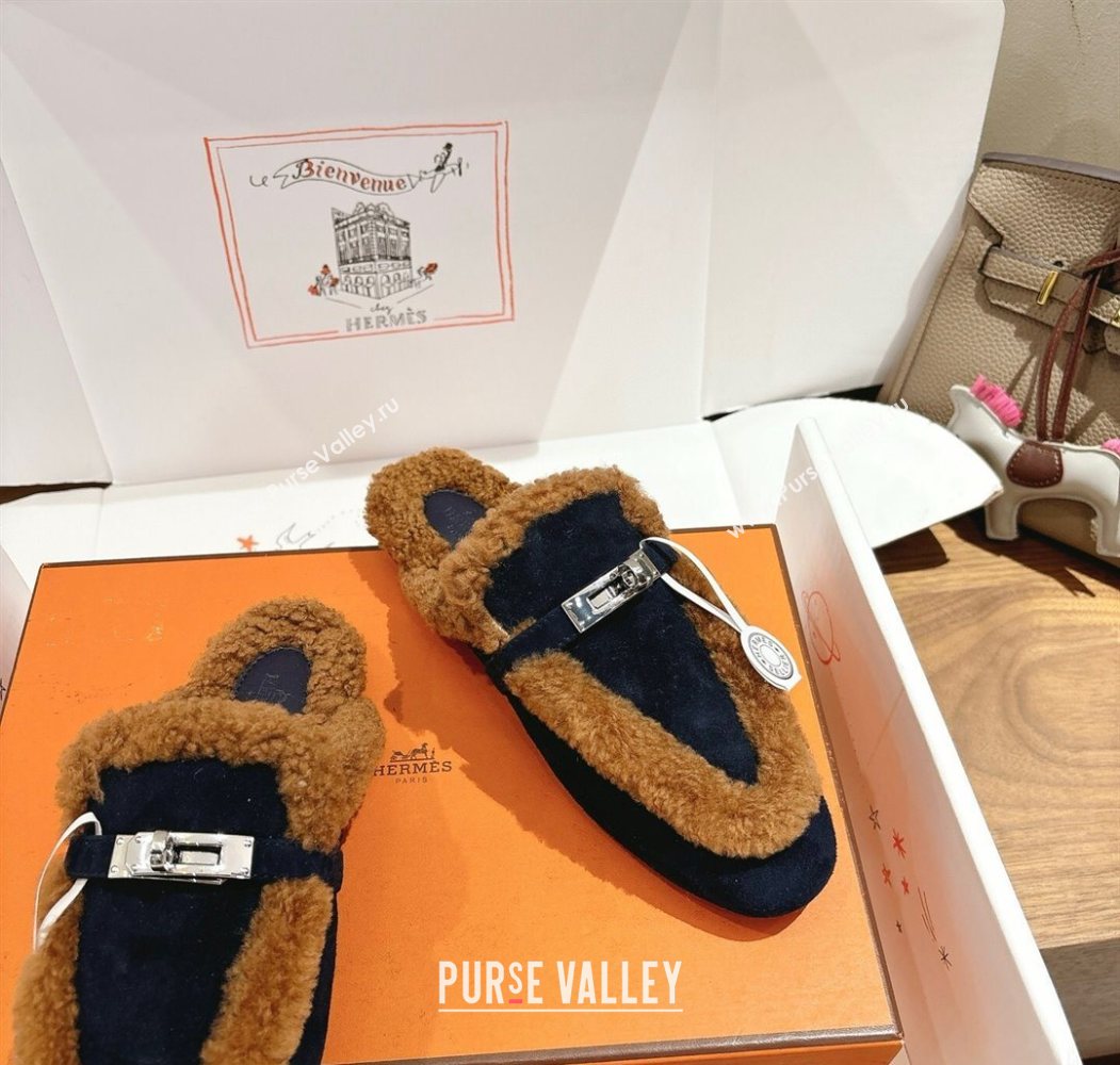 Hermes Oz Flat Loafers in Suede and Shearling with Kelly Buckle Black/Brown 2025 1023 (XC-251023014)