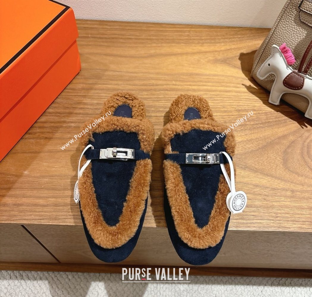 Hermes Oz Flat Loafers in Suede and Shearling with Kelly Buckle Black/Brown 2025 1023 (XC-251023014)