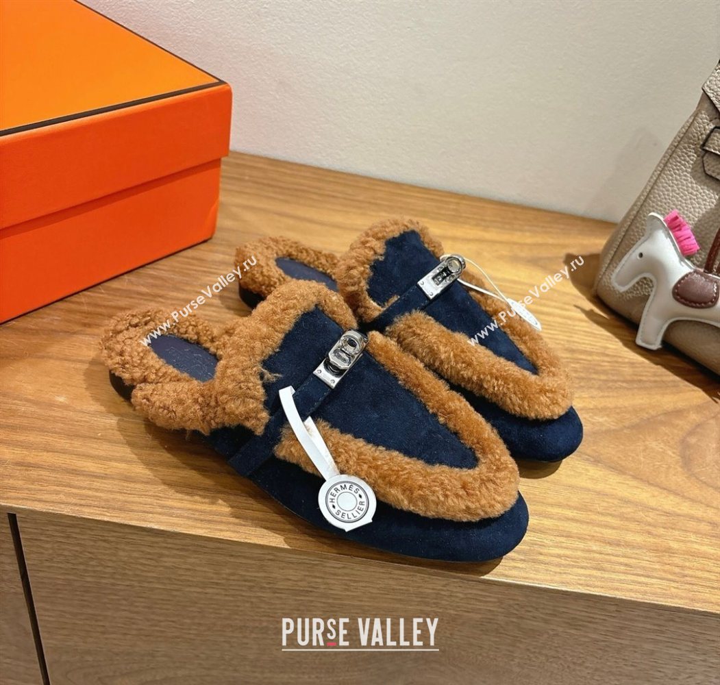 Hermes Oz Flat Loafers in Suede and Shearling with Kelly Buckle Black/Brown 2025 1023 (XC-251023014)
