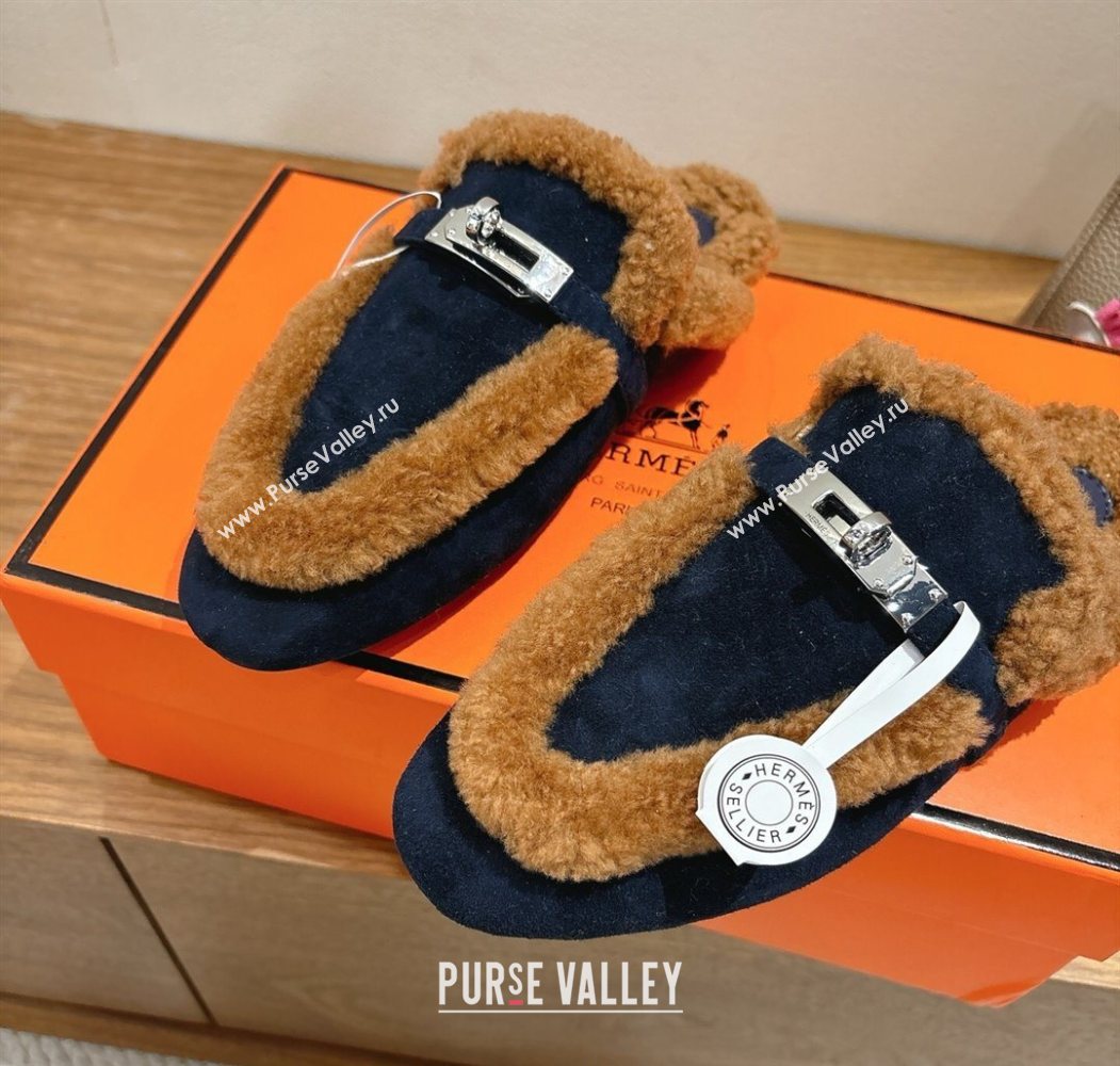 Hermes Oz Flat Loafers in Suede and Shearling with Kelly Buckle Black/Brown 2025 1023 (XC-251023014)