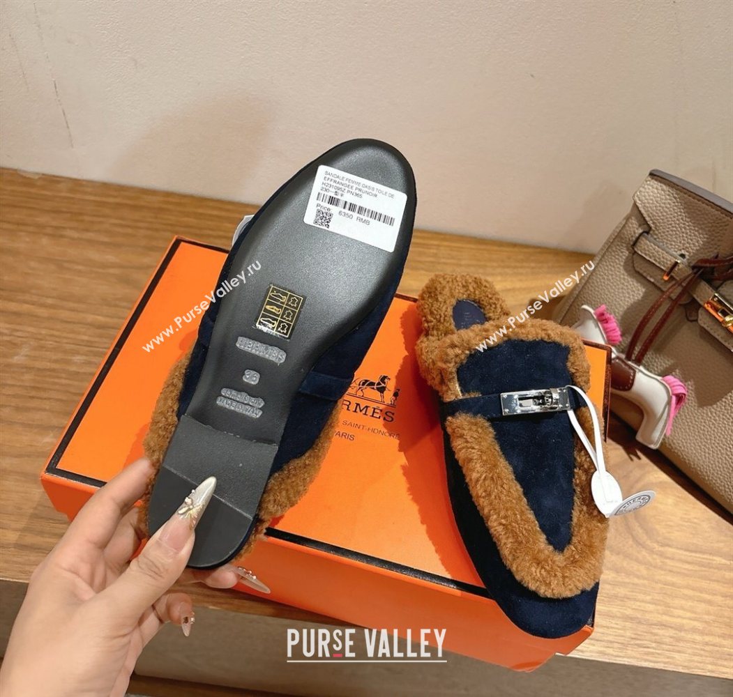 Hermes Oz Flat Loafers in Suede and Shearling with Kelly Buckle Black/Brown 2025 1023 (XC-251023014)