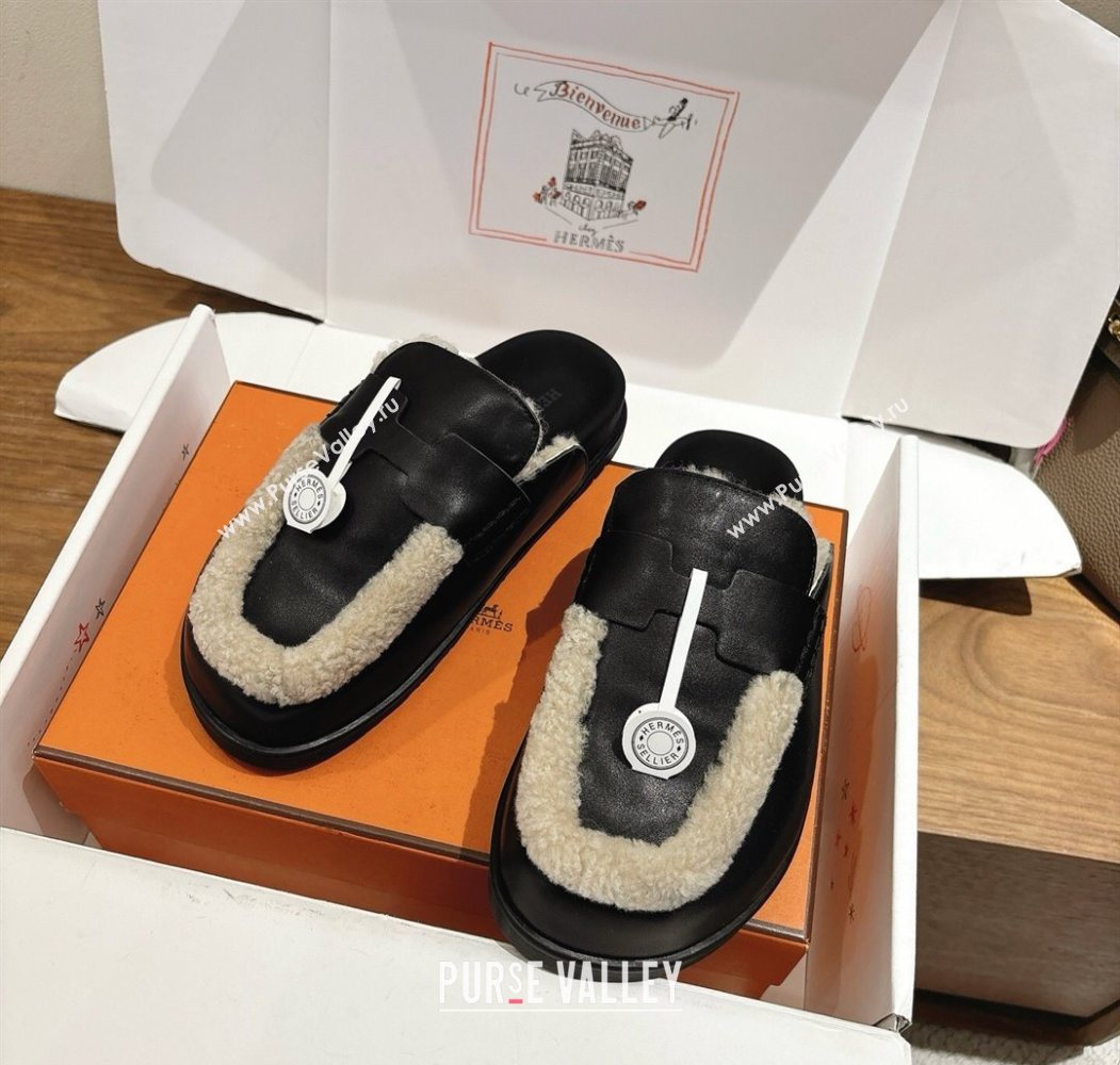 Hermes Go Flat Loafers in Calfskin Leather and Wool with H Strap Black 2025 1023 (XC-251023016)