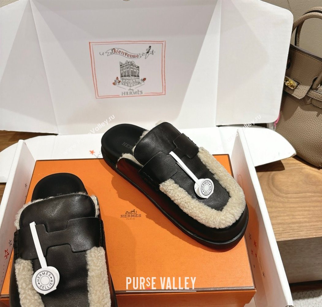 Hermes Go Flat Loafers in Calfskin Leather and Wool with H Strap Black 2025 1023 (XC-251023016)