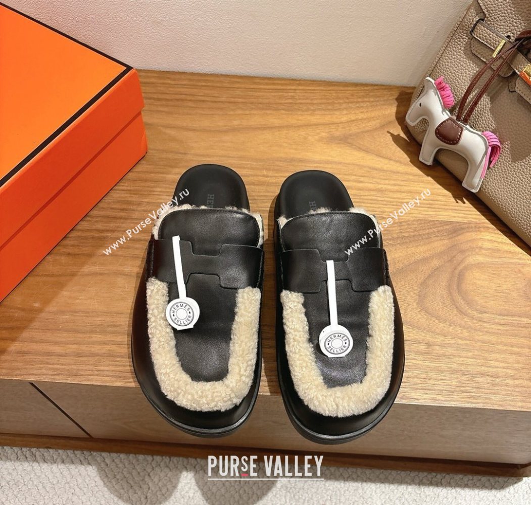 Hermes Go Flat Loafers in Calfskin Leather and Wool with H Strap Black 2025 1023 (XC-251023016)