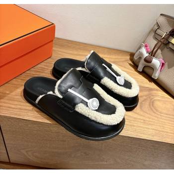 Hermes Go Flat Loafers in Calfskin Leather and Wool with H Strap Black 2025 1023 (XC-251023016)