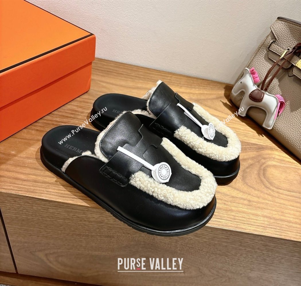 Hermes Go Flat Loafers in Calfskin Leather and Wool with H Strap Black 2025 1023 (XC-251023016)