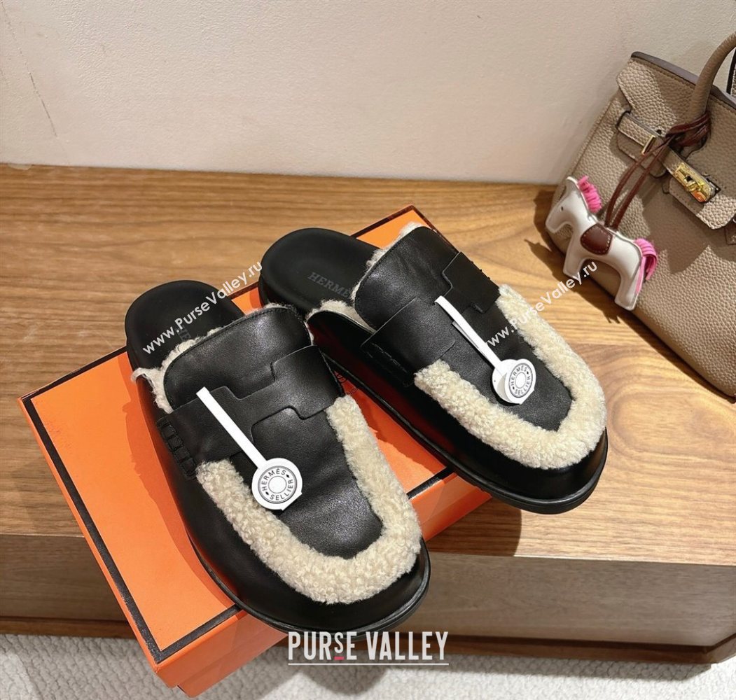 Hermes Go Flat Loafers in Calfskin Leather and Wool with H Strap Black 2025 1023 (XC-251023016)