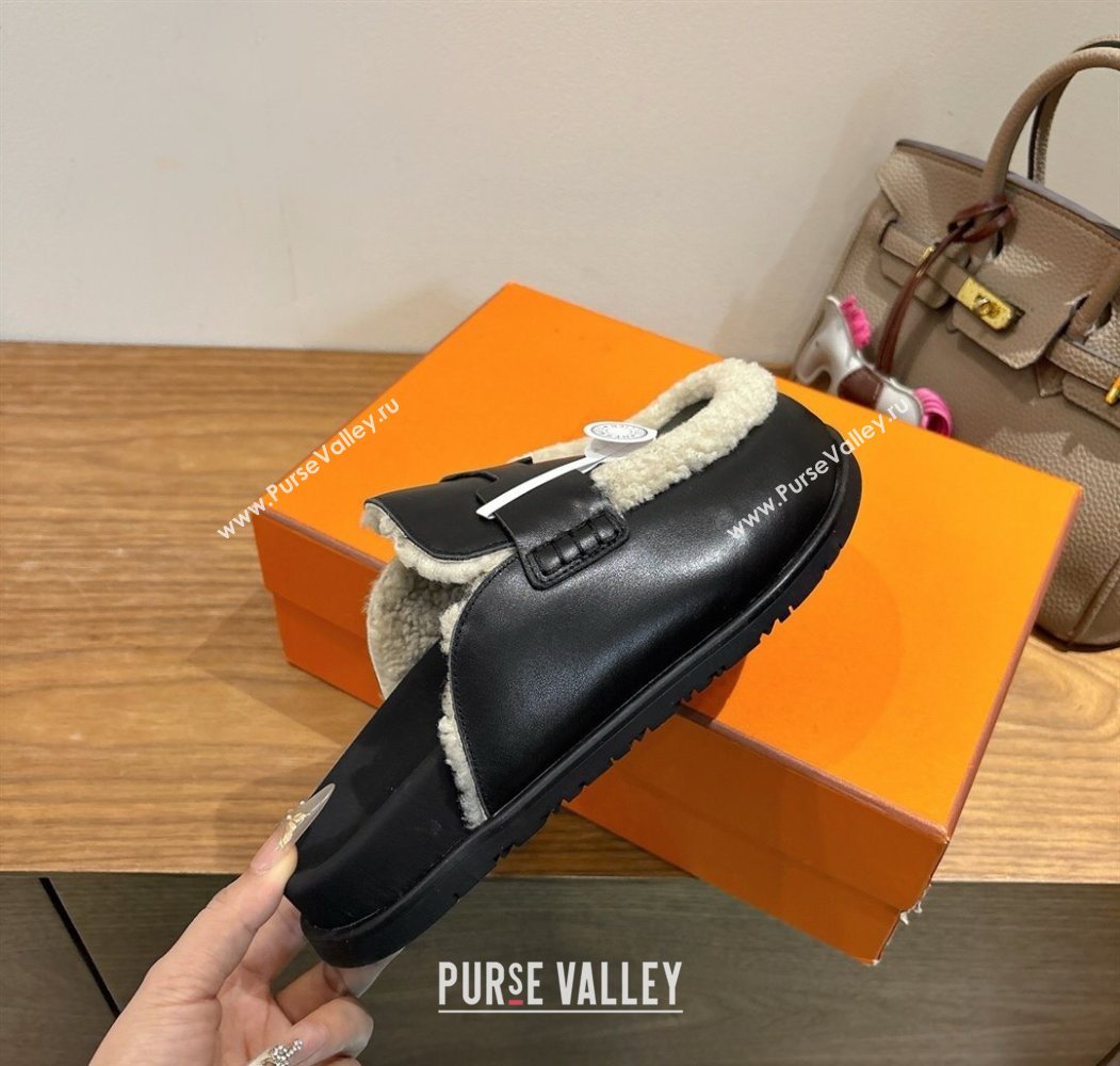 Hermes Go Flat Loafers in Calfskin Leather and Wool with H Strap Black 2025 1023 (XC-251023016)