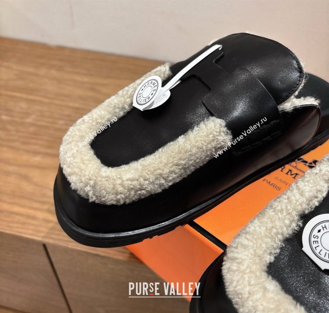 Hermes Go Flat Loafers in Calfskin Leather and Wool with H Strap Black 2025 1023 (XC-251023016)