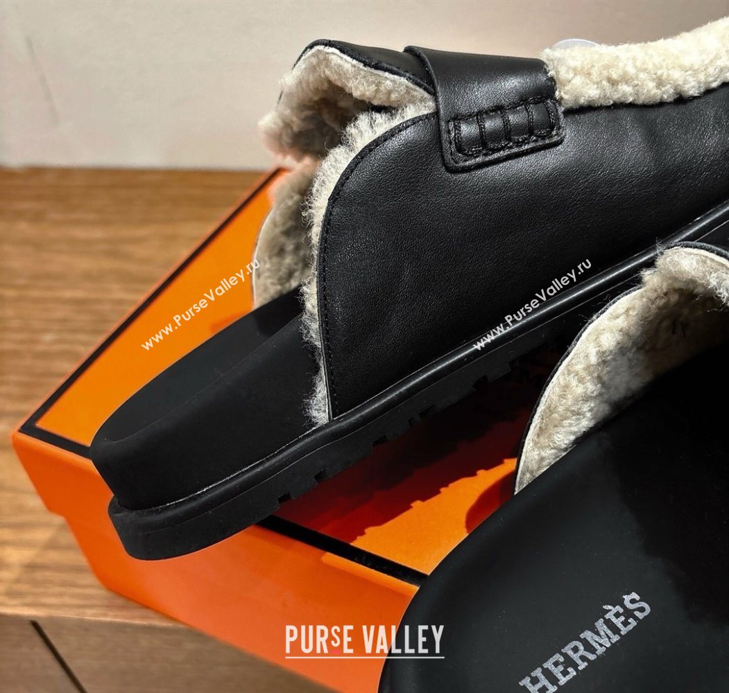 Hermes Go Flat Loafers in Calfskin Leather and Wool with H Strap Black 2025 1023 (XC-251023016)