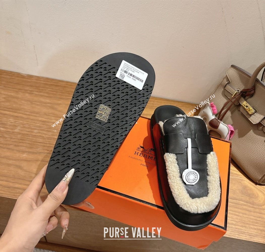 Hermes Go Flat Loafers in Calfskin Leather and Wool with H Strap Black 2025 1023 (XC-251023016)