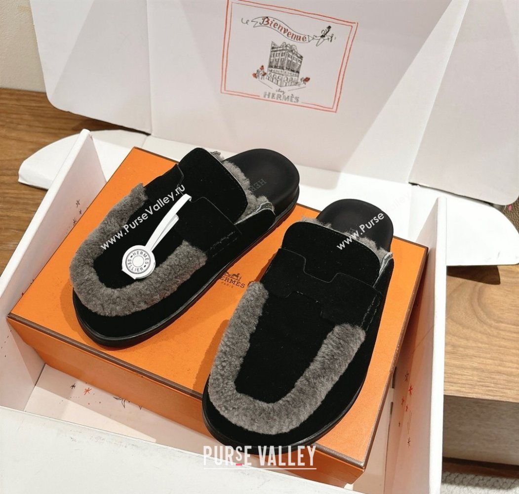 Hermes Go Flat Loafers in Suede and Wool with H Strap Black 2025 1023 (XC-251023017)