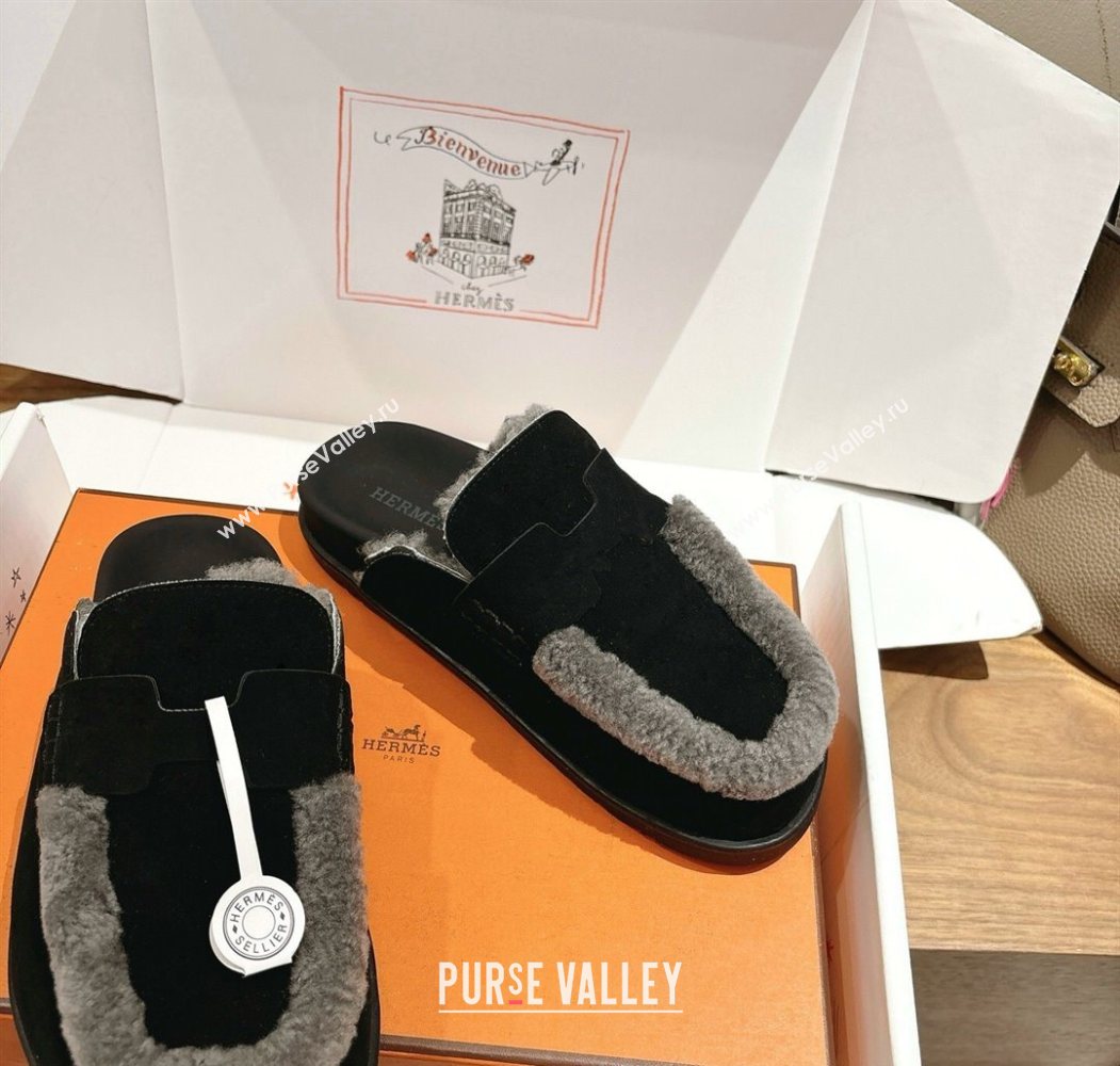 Hermes Go Flat Loafers in Suede and Wool with H Strap Black 2025 1023 (XC-251023017)