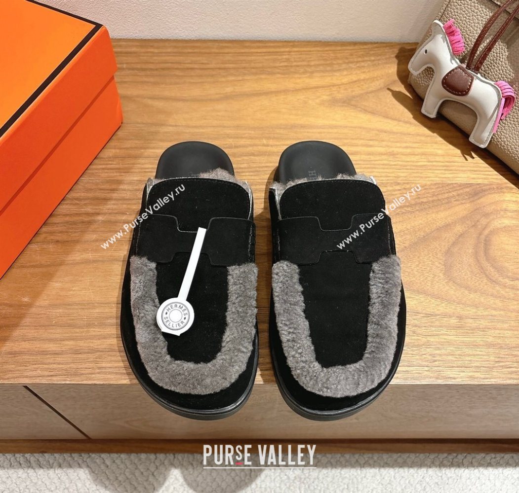 Hermes Go Flat Loafers in Suede and Wool with H Strap Black 2025 1023 (XC-251023017)