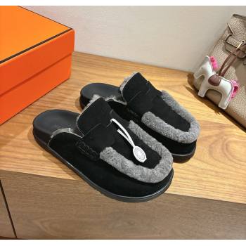 Hermes Go Flat Loafers in Suede and Wool with H Strap Black 2025 1023 (XC-251023017)