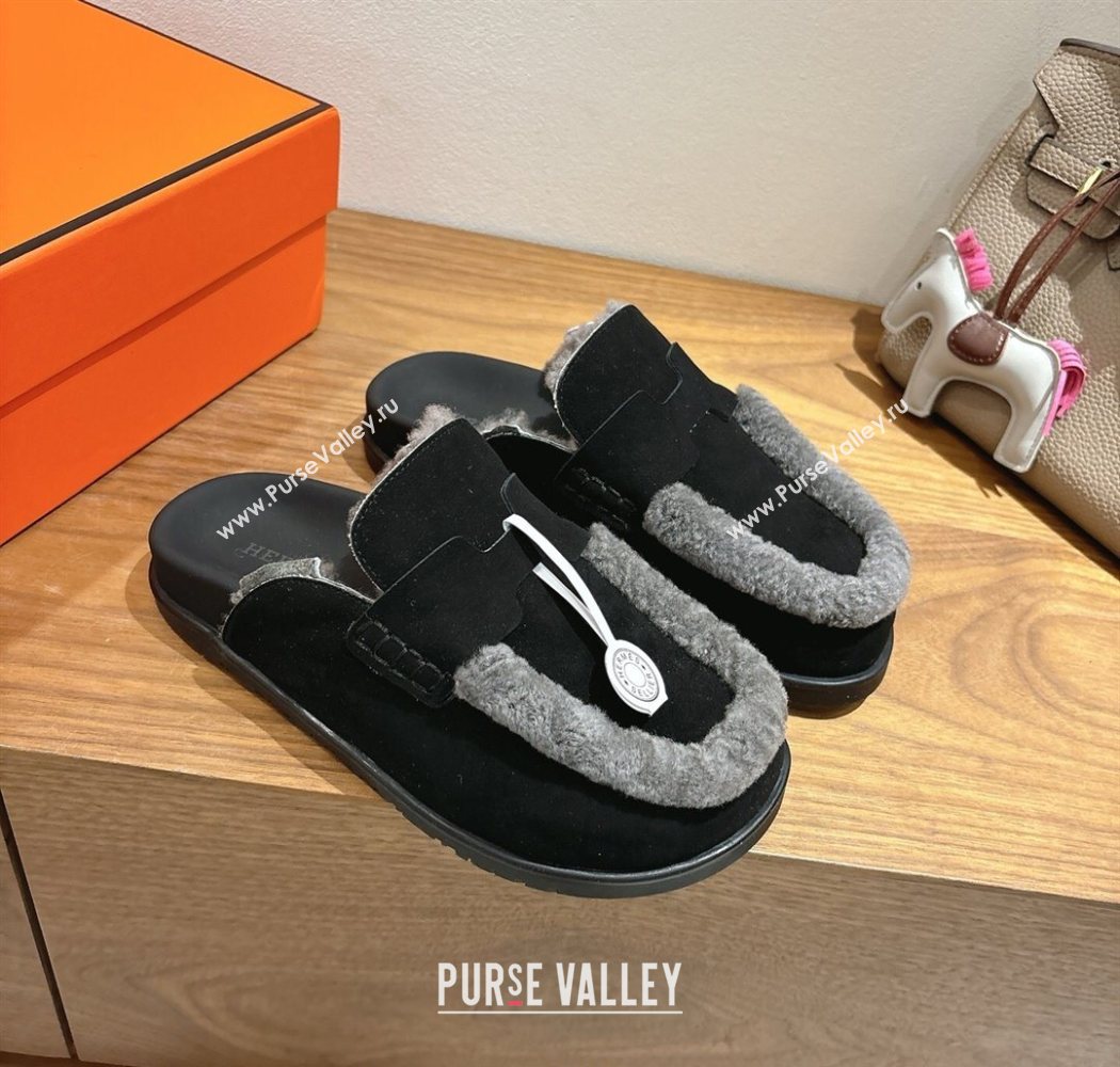 Hermes Go Flat Loafers in Suede and Wool with H Strap Black 2025 1023 (XC-251023017)