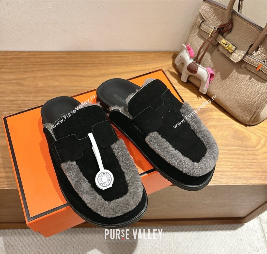 Hermes Go Flat Loafers in Suede and Wool with H Strap Black 2025 1023 (XC-251023017)