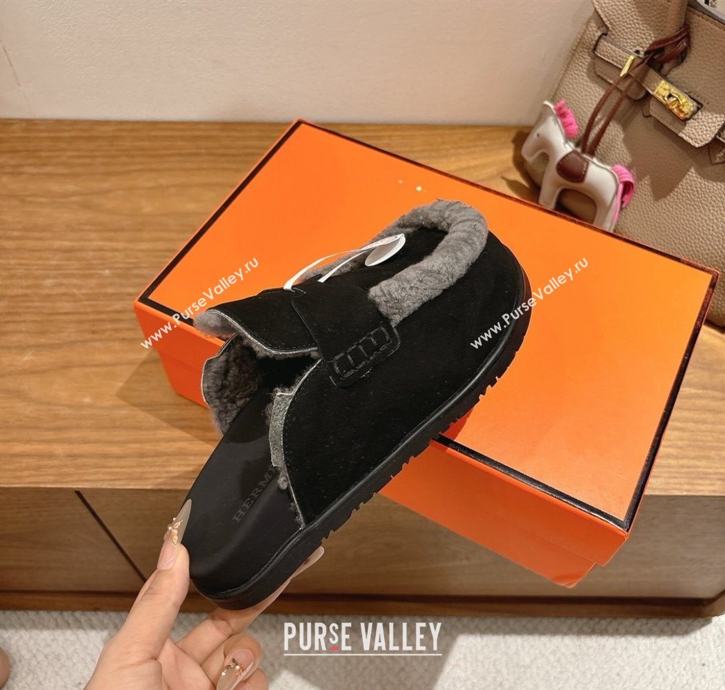 Hermes Go Flat Loafers in Suede and Wool with H Strap Black 2025 1023 (XC-251023017)
