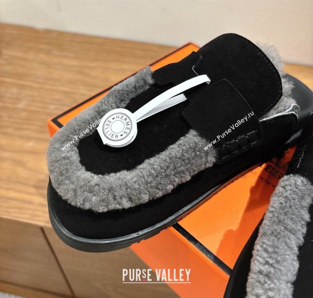 Hermes Go Flat Loafers in Suede and Wool with H Strap Black 2025 1023 (XC-251023017)