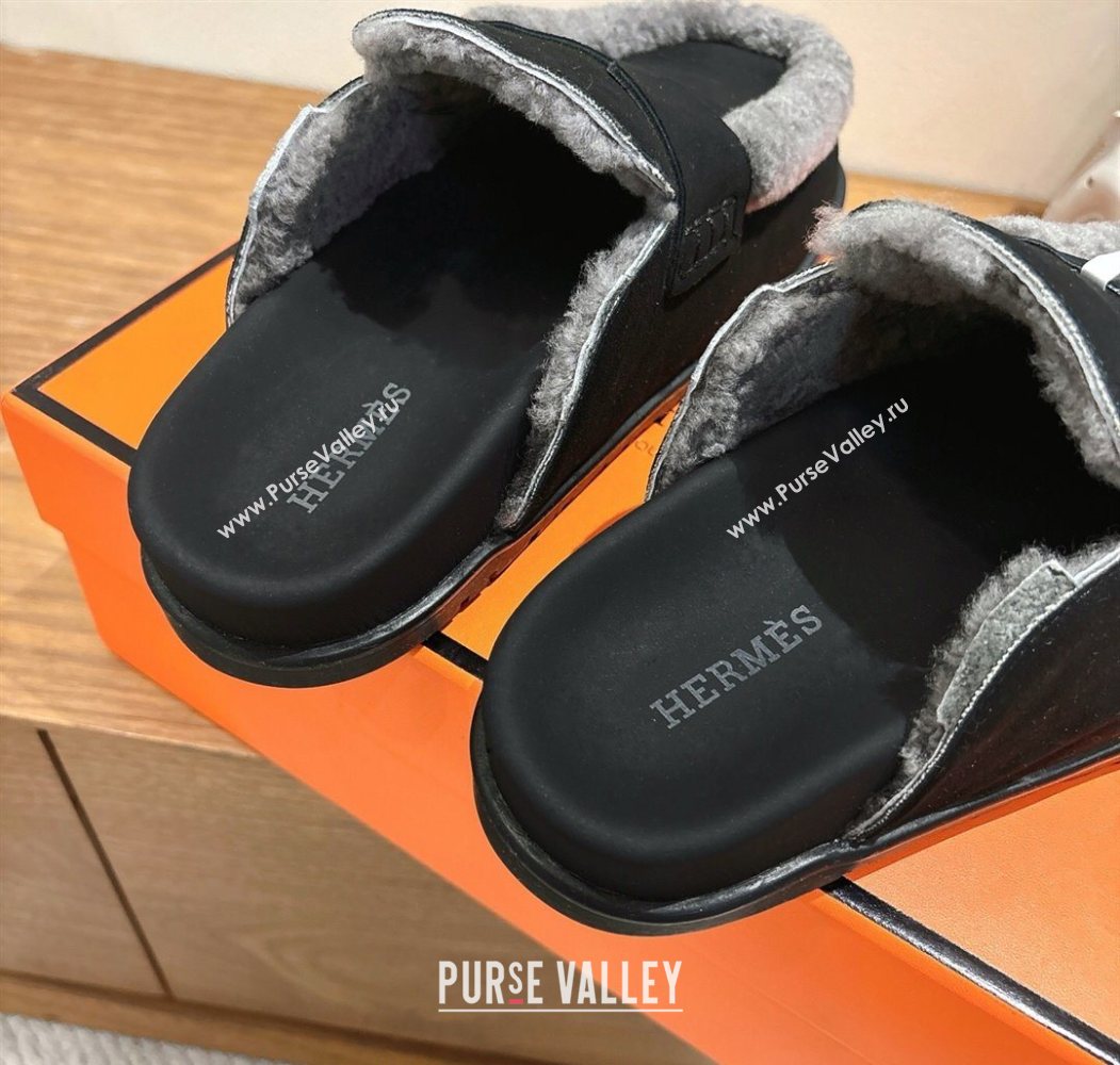 Hermes Go Flat Loafers in Suede and Wool with H Strap Black 2025 1023 (XC-251023017)