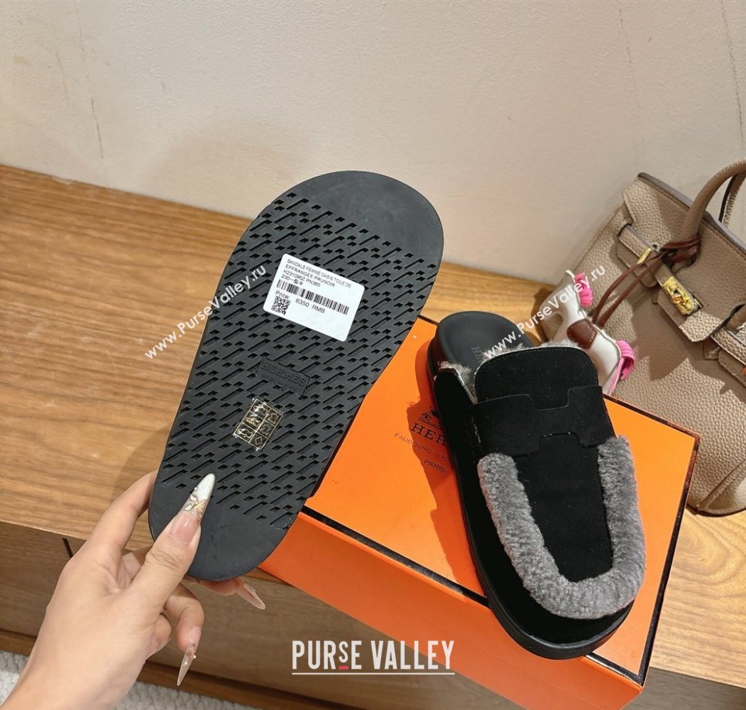 Hermes Go Flat Loafers in Suede and Wool with H Strap Black 2025 1023 (XC-251023017)