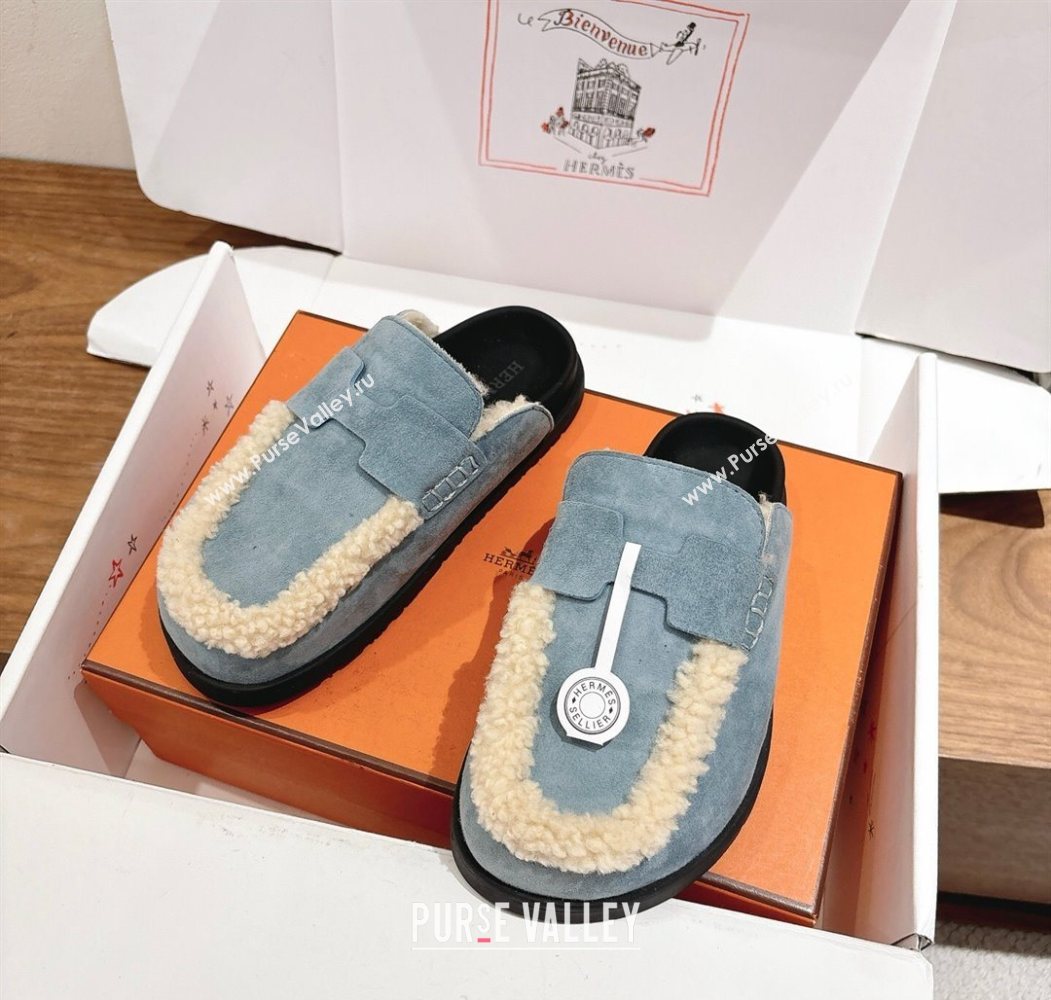 Hermes Go Flat Loafers in Suede and Wool with H Strap Blue 2025 1023 (XC-251023018)
