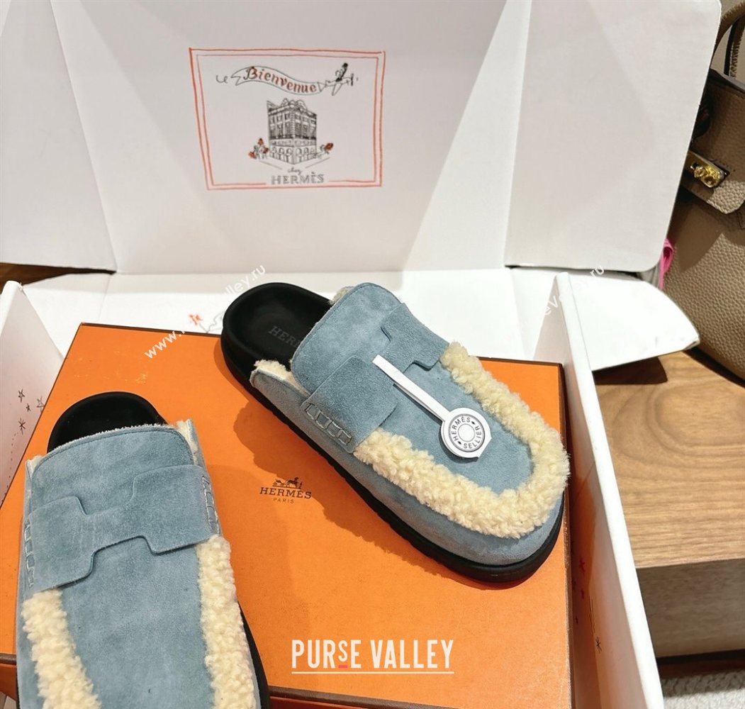 Hermes Go Flat Loafers in Suede and Wool with H Strap Blue 2025 1023 (XC-251023018)