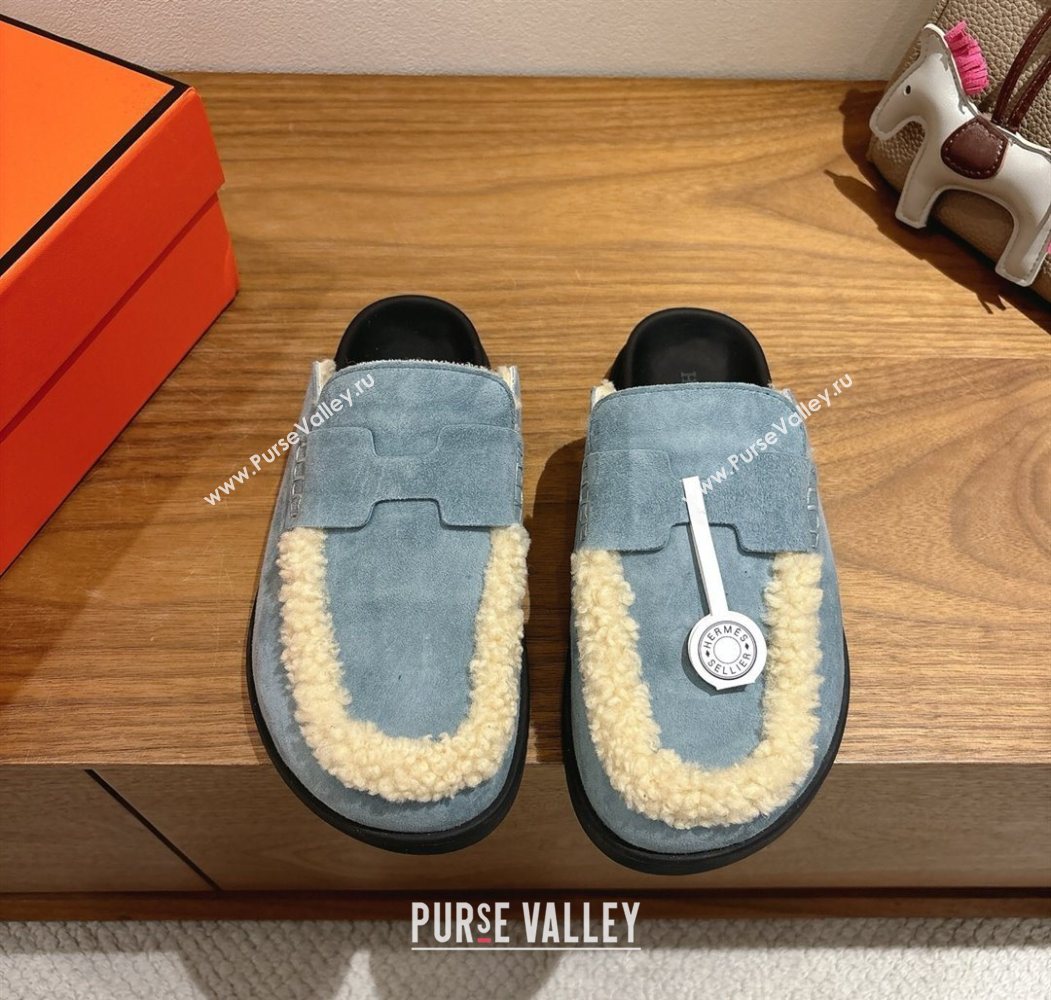 Hermes Go Flat Loafers in Suede and Wool with H Strap Blue 2025 1023 (XC-251023018)