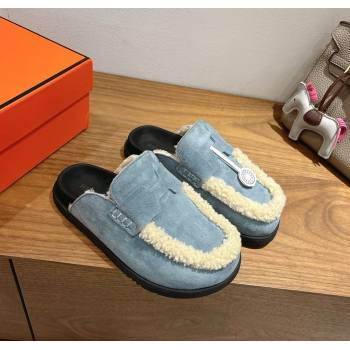 Hermes Go Flat Loafers in Suede and Wool with H Strap Blue 2025 1023 (XC-251023018)